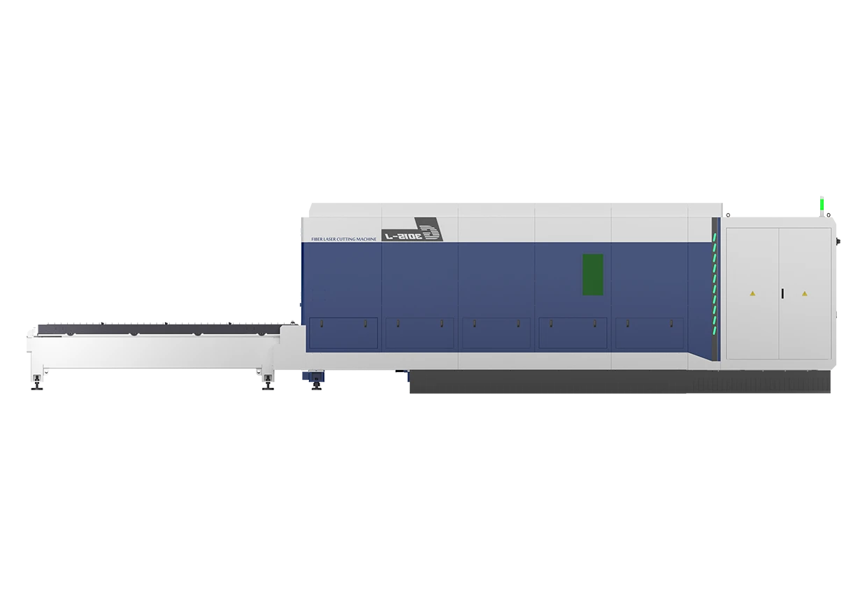 Vedere laterală oficială Han’s Laser G3015-J cu masa de încărcare