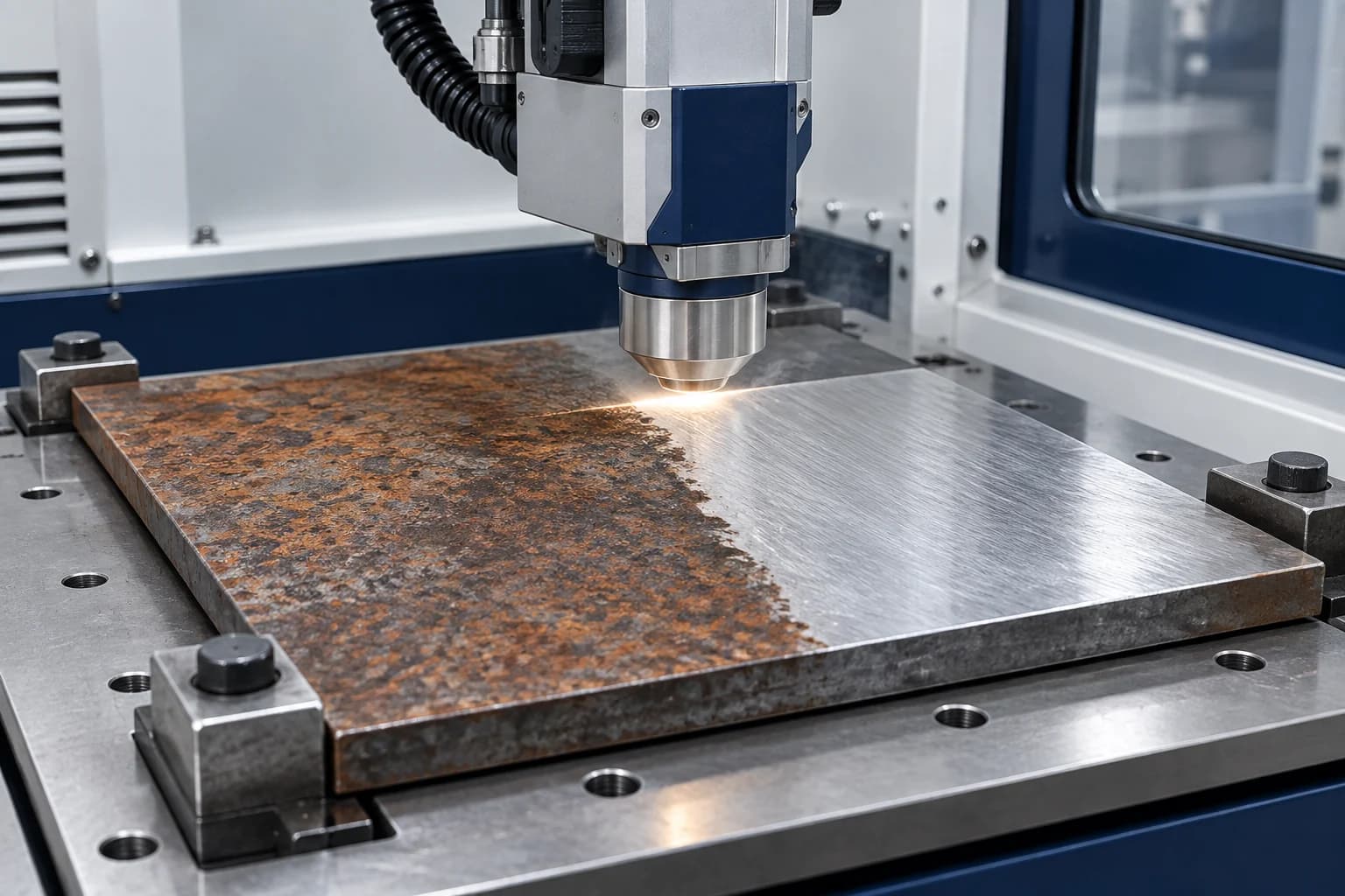 Ilustrație generată: celulă de curățare laser cu o zonă de metal curățată lângă suprafața oxidată