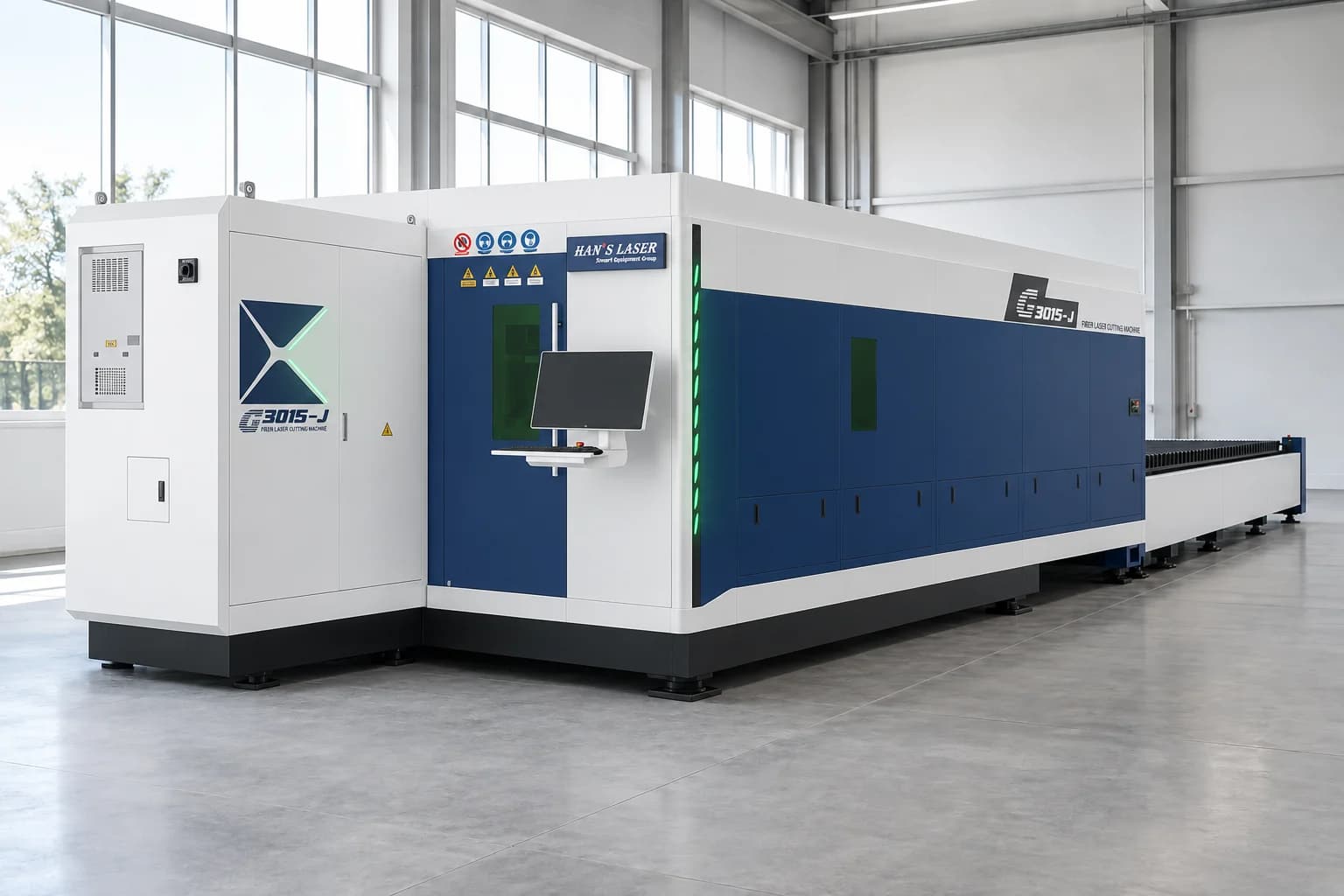 Ilustrație generată pe baza referințelor Han’s Laser G3015-J, în hală industrială luminoasă